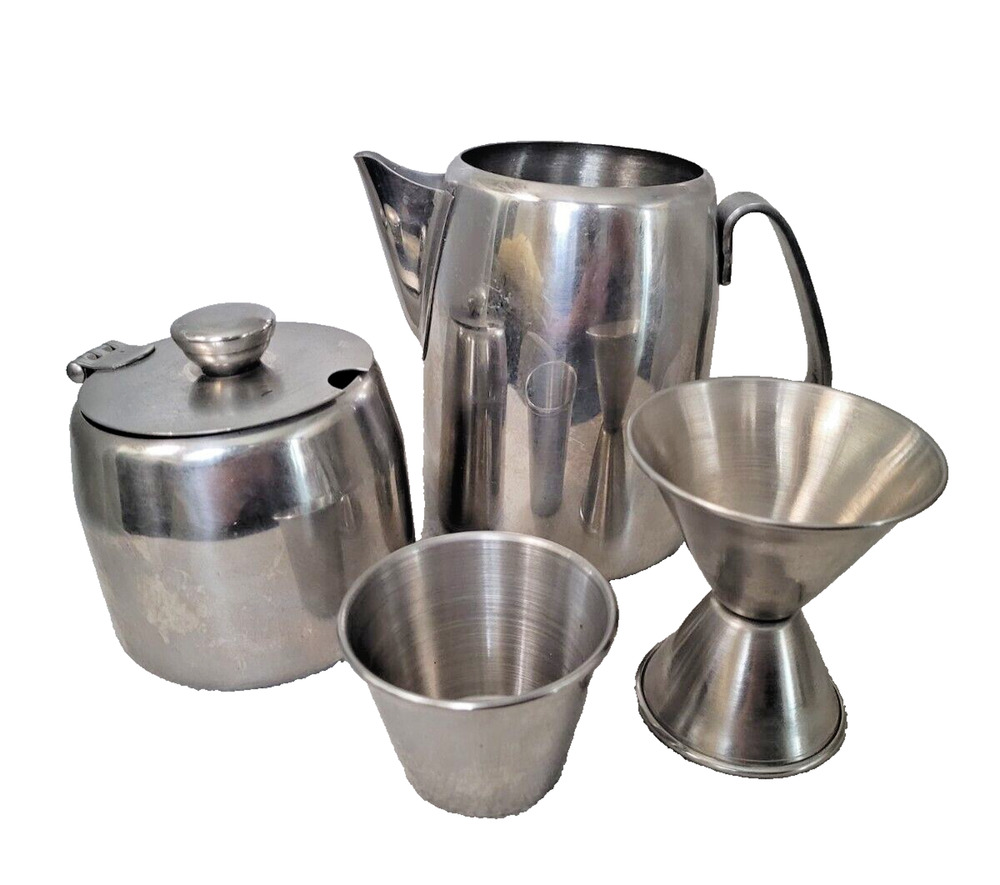 Vtg Sunnex 18-8 Tea Set Stainless Steel Pot Creamer Sugar Bowl Bar Ware